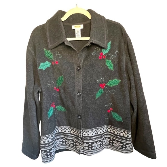 Vintage Talbots Holiday Embroidered Fair Isle Fleece Shacket Size XL - Picture 1 of 6